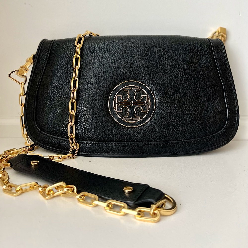 Black Tory Burch leather and gold chain crossbody bag